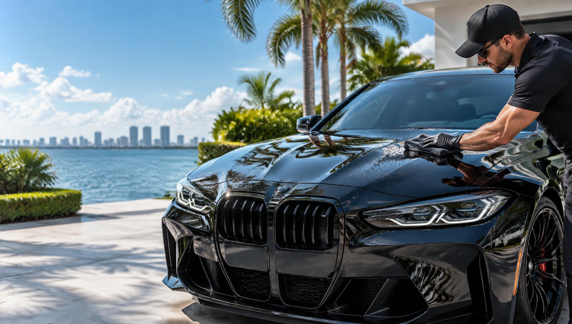 Professional detailer polishing a black vehicle by the Florida coast